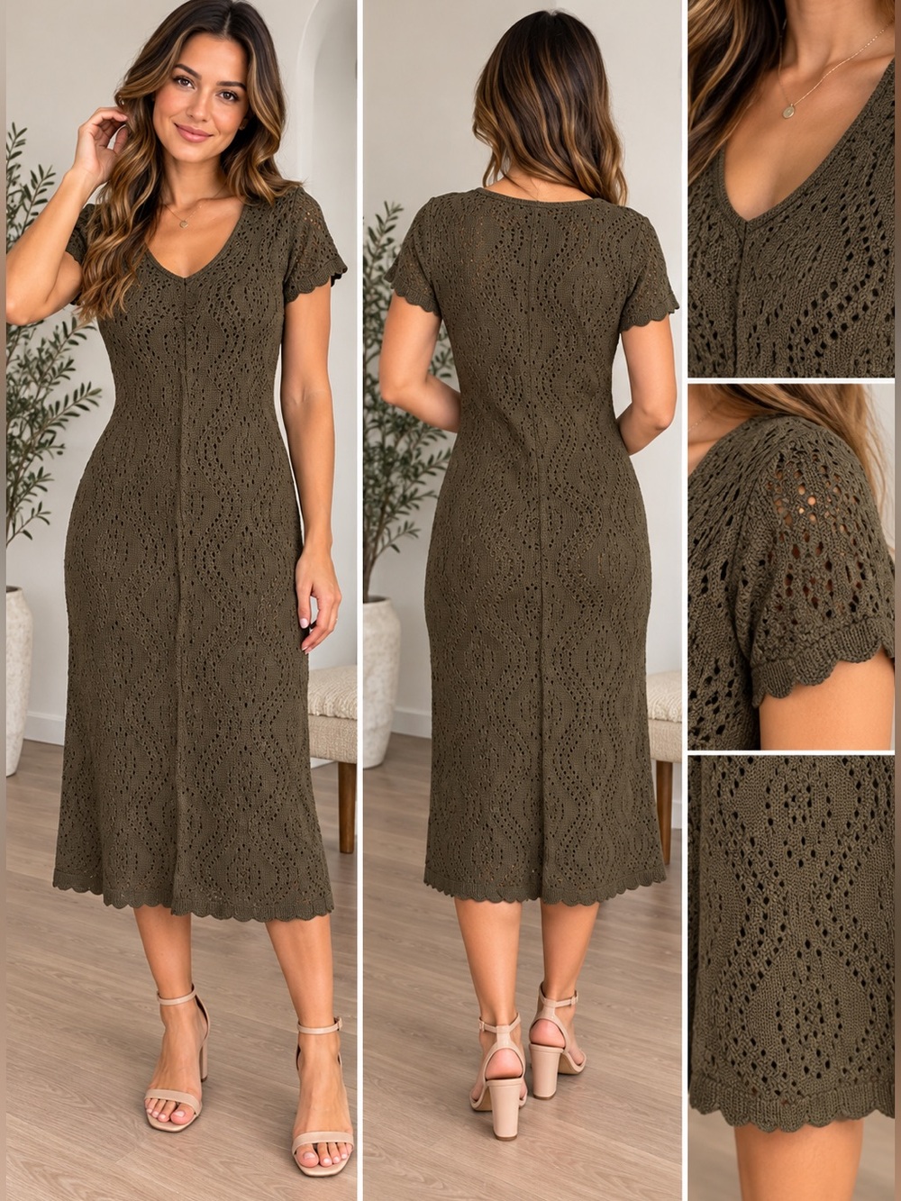 Universal Thread Olive Pointelle Knit Midi Dress NWT